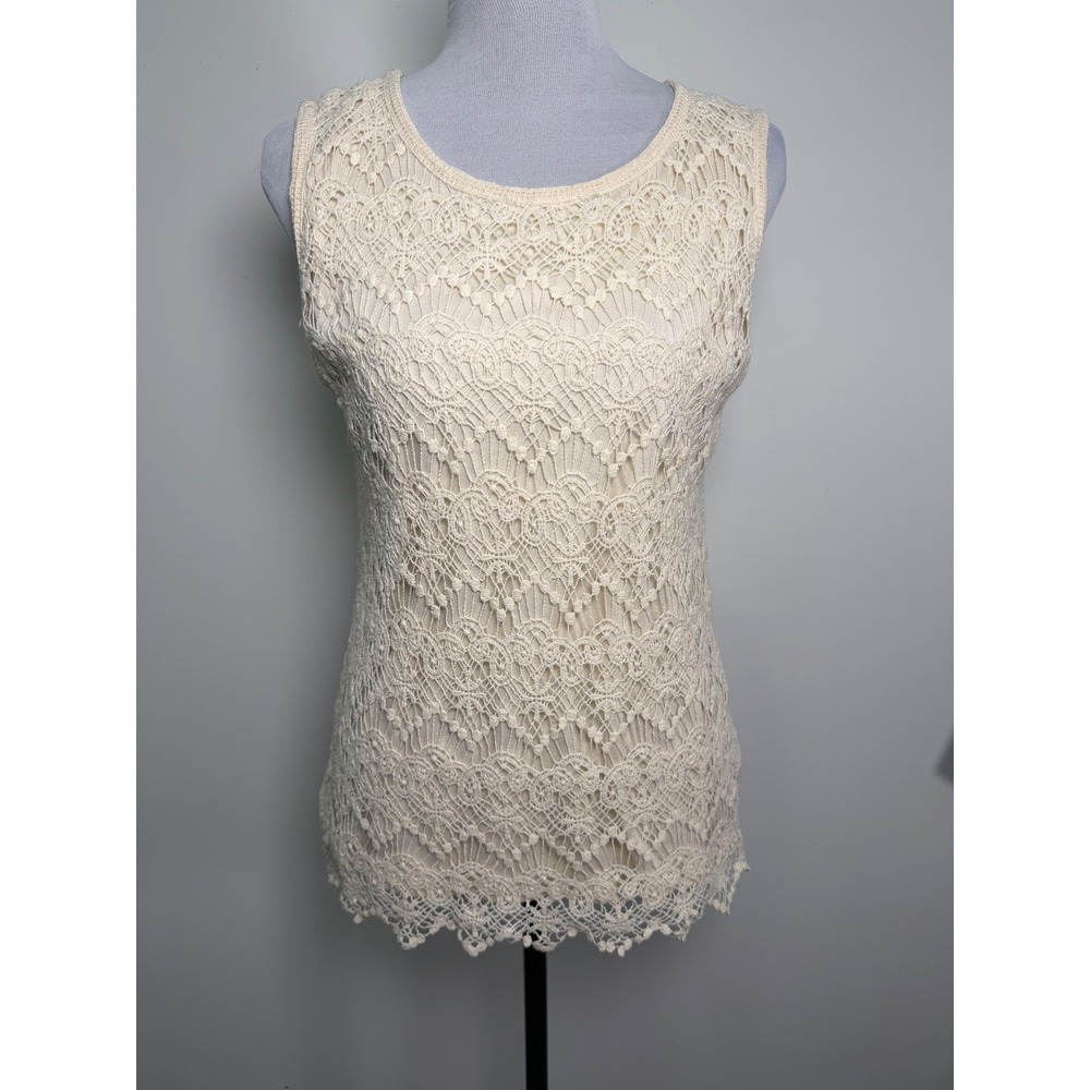 Adiva Cream Ivory Floral Crochet Lace Sleeveless Top Lined Zipper Back Medium